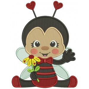 Cute Little Ladybug Holding a Flower Filled Machine Embroidery Design Digitized Pattern