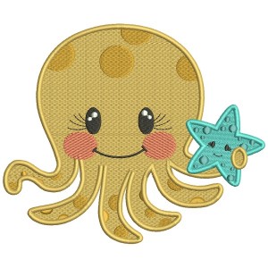 Cute Little Octopus Holding a Starfish Marine Filled Machine Embroidery Design Digitized Pattern