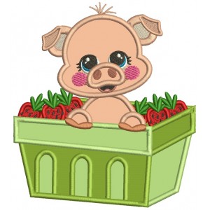 Cute Little Pig Sitting Inside a Basket Filled With Strawberries Applique Machine Embroidery Design Digitized Pattern