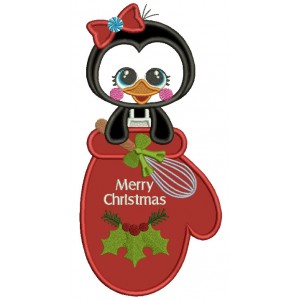 Cute Penguin Sitting Inside a MItten Merry Christmas Applique Machine Embroidery Design Digitized Pattern