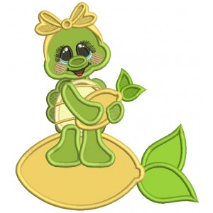 Cute Turtle Holding Lemon Applique Machine Embroidery Design Digitized Pattern