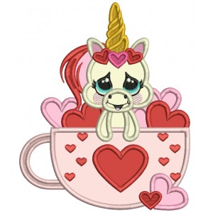 Cute Unicorn Inside a Cup With Hearts Applique Machine Embroidery Design Digitized Pattern
