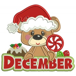 December Bear Holding Candy Christmas Applique Machine Embroidery Design Digitized Pattern