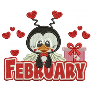 February Penguin With Hearts Valentine's Day Filled Machine Embroidery Design Digitized Pattern