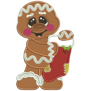 Gingerbread Man Holding Christmas Stocking Applique Machine Embroidery Design Digitized Pattern