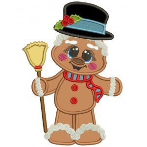 Gingerbread Man Holding a Broom Christmas Applique Machine Embroidery Design Digitized Pattern