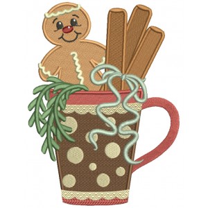Gingerbread Man Sitting Inside the Cup Christmas Filled Machine Embroidery Design Digitized Pattern