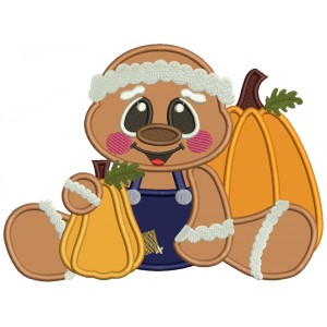 Gingerbread Man Sitting With Two Pumpkins Thanksgiving Applique Machine Embroidery Design Digitized Pattern