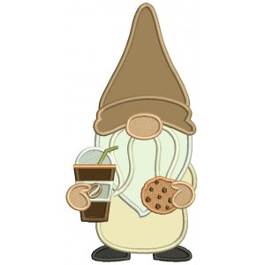 Gnome Drinking Coffee And Eating Cookies Applique Machine Embroidery Design Digitized Pattern