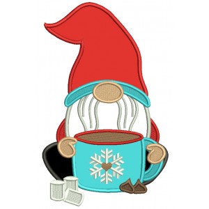 Gnome Drinking Hot Cocoa With Marshmallows Christmas Applique Machine Embroidery Design Digitized Pattern