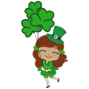 Happy Girl With Shamrock Balloons St. Patrick's Day Filled Machine Embroidery Design Digitized Pattern