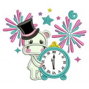 Hippo Clock Strikes 12 Fireworks New Year Applique Machine Embroidery Design Digitized Pattern