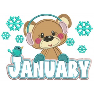 January Cute Bear And Snow Applique Machine Embroidery Design Digitized Pattern