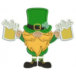 Lepricon Holding Two Pints Of Beer St. Patricks Day Applique Machine Embroidery Design Digitized Pattern