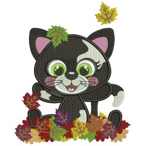 Little Black Kitten Playing With Leaves Fall Filled Thanksgiving Machine Embroidery Design Digitized Pattern