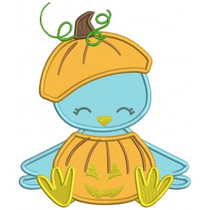 Little Blue Bird Wearing Pumpkin Costume Halloween Applique Machine Embroidery Design Digitized Pattern