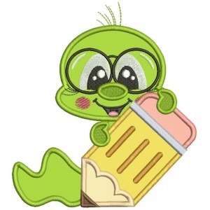 Little Book Worm Holding a Pencil School Applique Machine Embroidery Design Digitized Pattern
