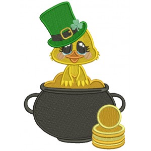 Little Chick Sitting On a Pot Of Gold St.Patrick's Day Filled Machine Embroidery Design Digitized Pattern