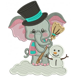 Little Elephant With a Broom And a Snowman Christmas Filled Machine Embroidery Design Digitized Pattern