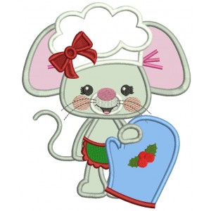 Little Mouse Holding a Mitten Applique Machine Embroidery Design Digitized Pattern