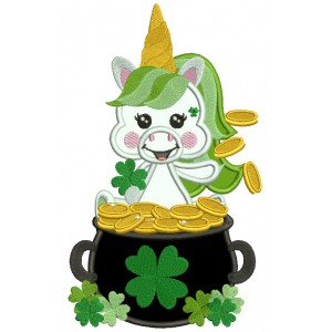 Lucky Unicorn Sitting In The Pot Of Gold St. Patrick's Applique Machine Embroidery Design Digitized Pattern