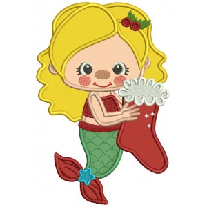 Mermaid Holding Christmas Stocking Applique Machine Embroidery Design Digitized Pattern