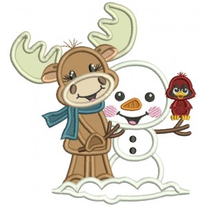 Moose With a Snowman Christmas Applique Machine Embroidery Design Digitized Pattern