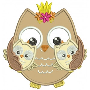 Mother Owl Princess With Two Baby Owls Applique Machine Embroidery Design Digitized Pattern