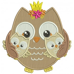 Mother Owl Princess With Two Baby Owls Filled Machine Embroidery Design Digitized Pattern