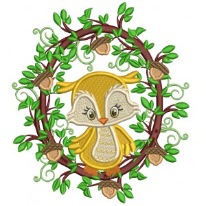Owl Sitting On a Wreath WIth Acorns Fall Filled Machine Embroidery Design Digitized Pattern
