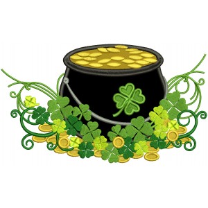 Pot of Gold With Shamrocks St.Patricks Day Applique Machine Embroidery Design Digitized Pattern