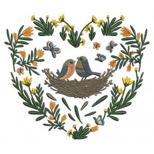 Two Birds Inside a Nest With Ornate Flowers And Butterflies Filled Machine Embroidery Design Digitized Pattern