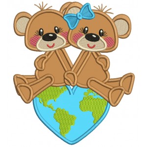 Two Cute Bears Sitting On Top Of The World Applique Machine Embroidery Design Digitized Pattern