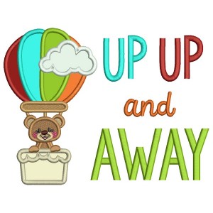 Up Up And Away Cute Little Bear Inside an Air Balloon Applique Machine Embroidery Design Digitized Pattern