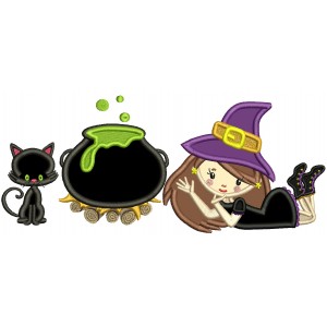 Witch Couldring And a Black Cat Halloween Applique Machine Embroidery Design Digitized Pattern