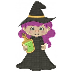 Witch Holding Magic Potion Halloween Filled Machine Embroidery Design Digitized Pattern