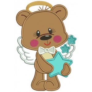 Cute Bear Angel Holding a Star Applique Machine Embroidery Design Digitized Pattern