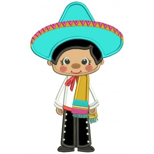 Cute Boy Wearing Big Sombrero Hat Applique Cinco de Mayo Machine Embroidery Design Digitized Pattern