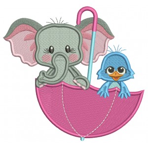 Cute Elephant And Bird Inside Umbrella Filled Machine Embroidery Design Digitized