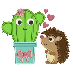 Cute Hedgehog Looking at a Cactus Applique Machine Embroidery Design Digitized Pattern 