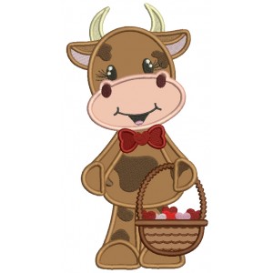 Cute Little Cow Holding Basket Full Of Hearts Applique Valentine's Day Machine Embroidery Design Digitized Pattern