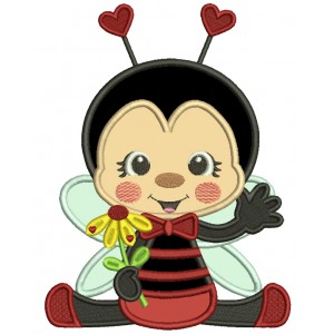 Cute Little Ladybug Holding a Flower Applique Machine Embroidery Design Digitized Pattern
