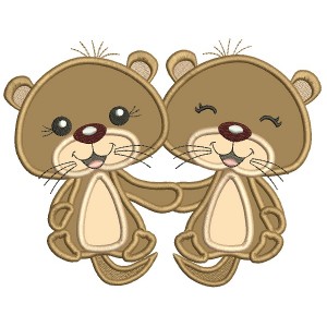 Cute Little Otters Holding Hands Applique Machine Embroidery Design Digitized Pattern