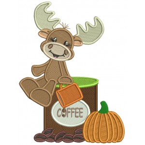 Cute Moose Sitting On a Cup Of Coffee Next To Pumpkin Fall Filled Thanksgiving Machine Embroidery Design Digitized Pattern