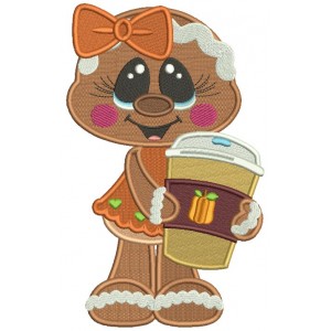 Gingerbread Girl Holding Cup With Apple Cider Fall Thanksgiving Filled Machine Embroidery Design Digitized Pattern