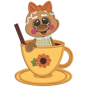 Gingerbread Girl Sitting In the Cup Fall Thanksgiving Applique Machine Embroidery Design Digitized Pattern
