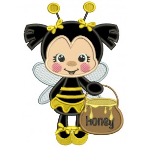 Little Bee Holding a Pot Of Honey Applique Machine Embroidery Design Digitized Pattern