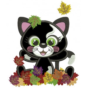 Little Black Kitten Playing With Leaves Fall Applique Thanksgiving Machine Embroidery Design Digitized Pattern