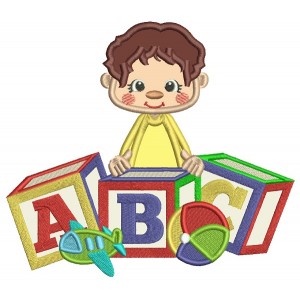 Little Boy Sitting With ABC Blocks School Applique Machine Embroidery Design Digitized Pattern