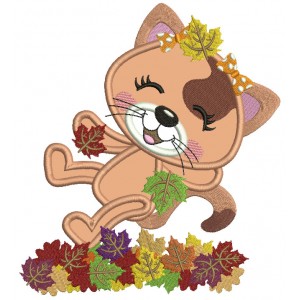 Little Cat Enjoying Falling Leaves Fall Applique Thanksgiving Machine Embroidery Design Digitized Pattern